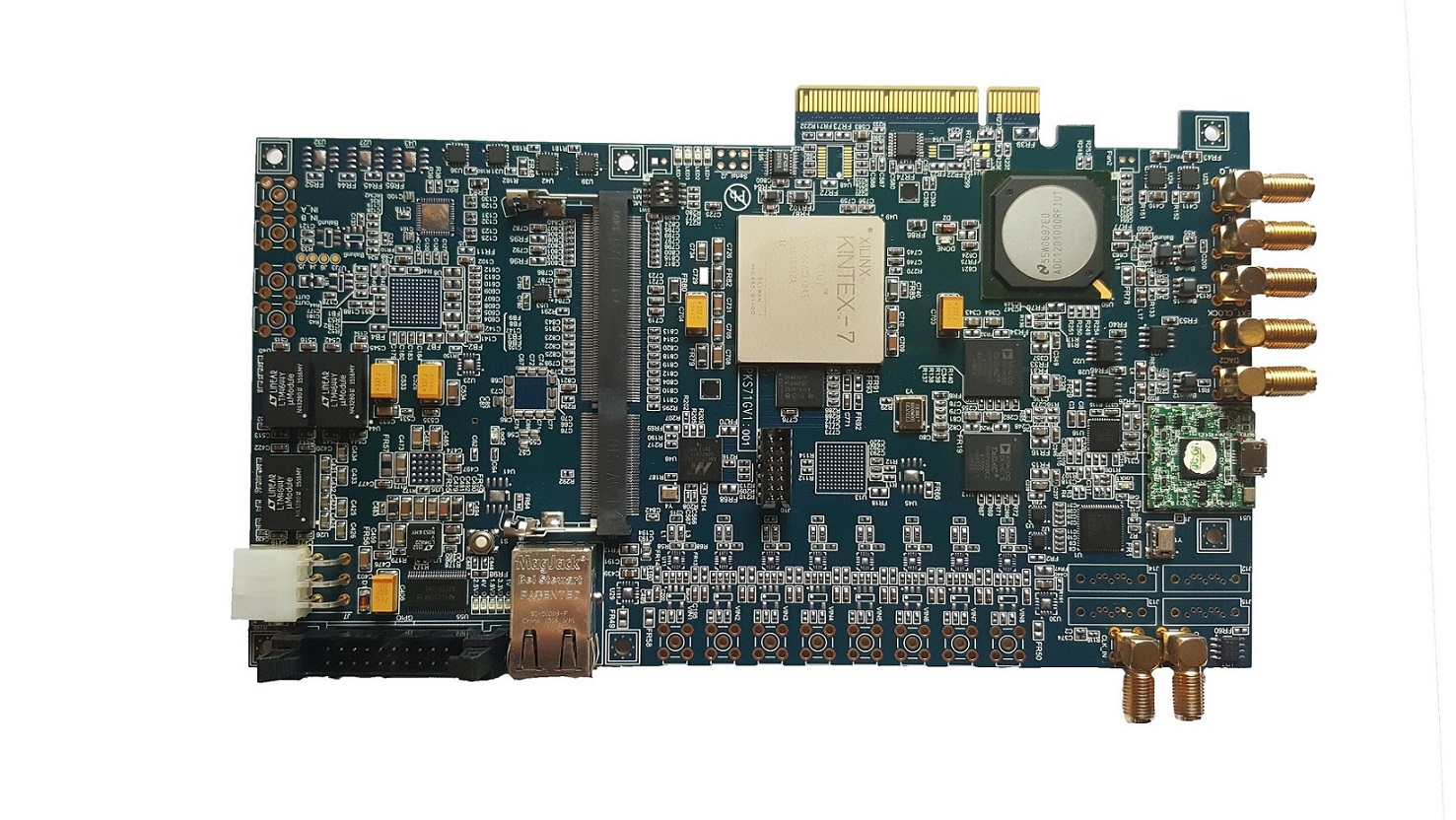 برد پردازشی Kintex-7 410T, PCIe, ADC 3.6 GSPS Interleaved or 1.8 GSPS Dual, 8Ch ADC 125 MSPS, 2Ch DAC 2.5 GSPS